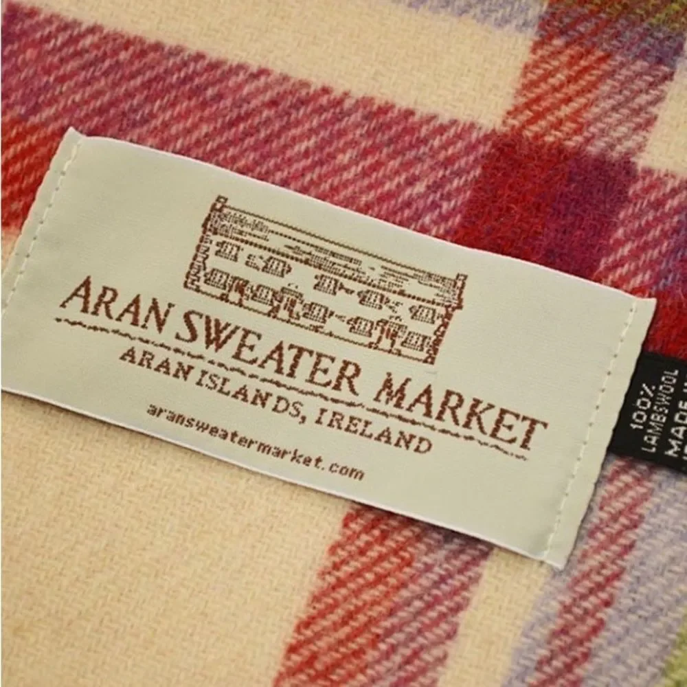 Aran Sweater Market Lambs Wool Woven Plaid Scarf with Fringe. Unisex.